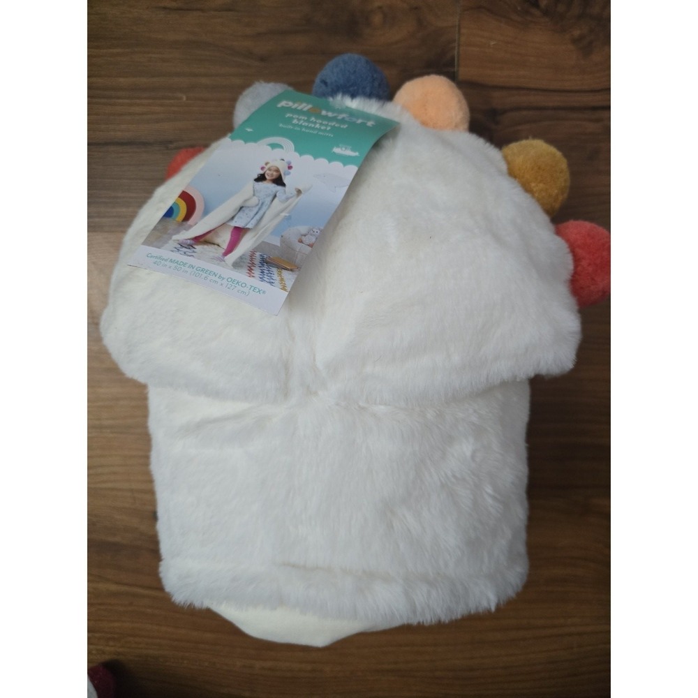 Pillowfort Pom Pom Hooded Blanket W/ Built-In Hand Mitts Kids 40x50 Oeko-Tex s36